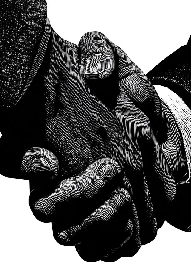 Engraved illustration of a firm handshake
