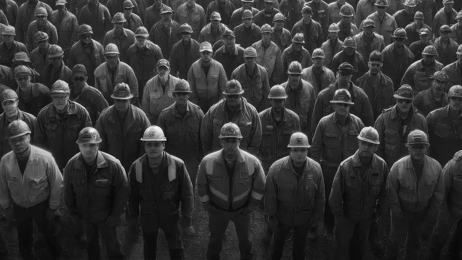 Site workers in hard hats and work jackets standing in organised rows